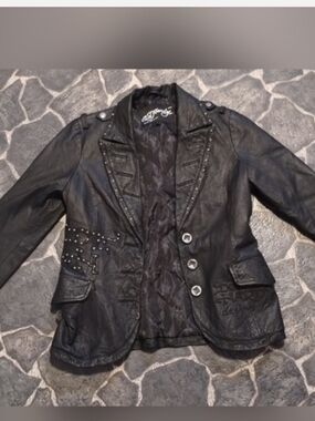 Ed Hardy Christian Audigier Women's Black Leather Motorcycle Jacket VINTAGE